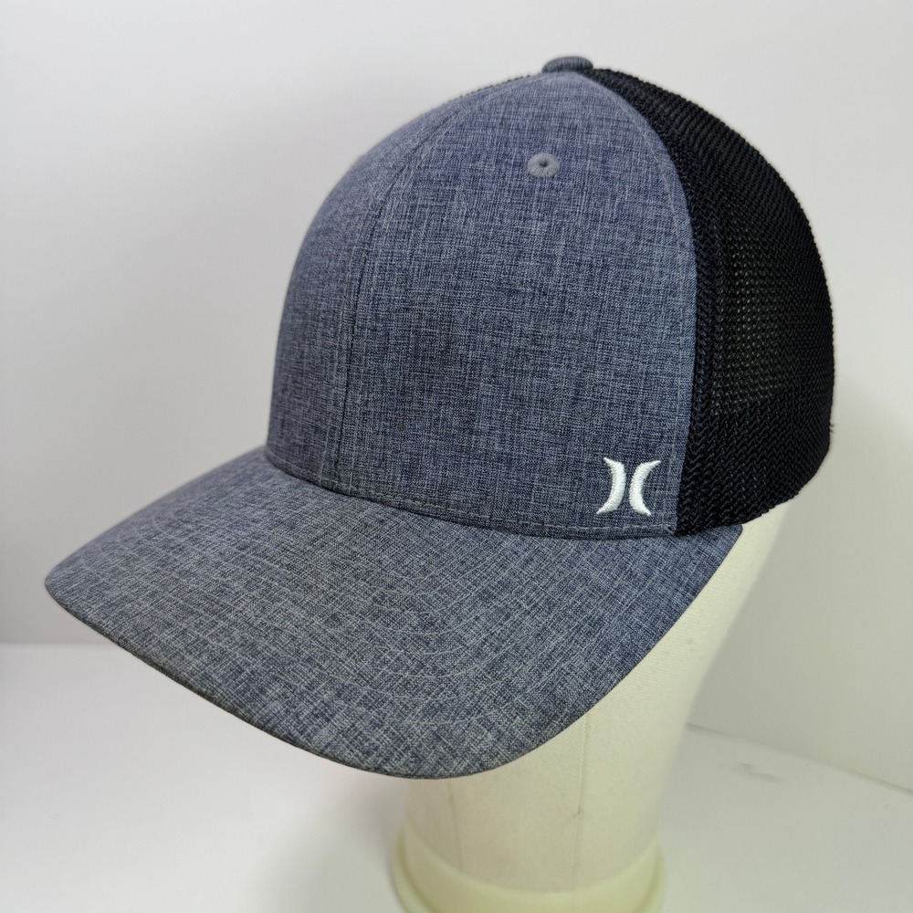 Hurley Flexfit Trucker Hat Mens Grey Black Mesh Back Baseball Cap Logo L XL